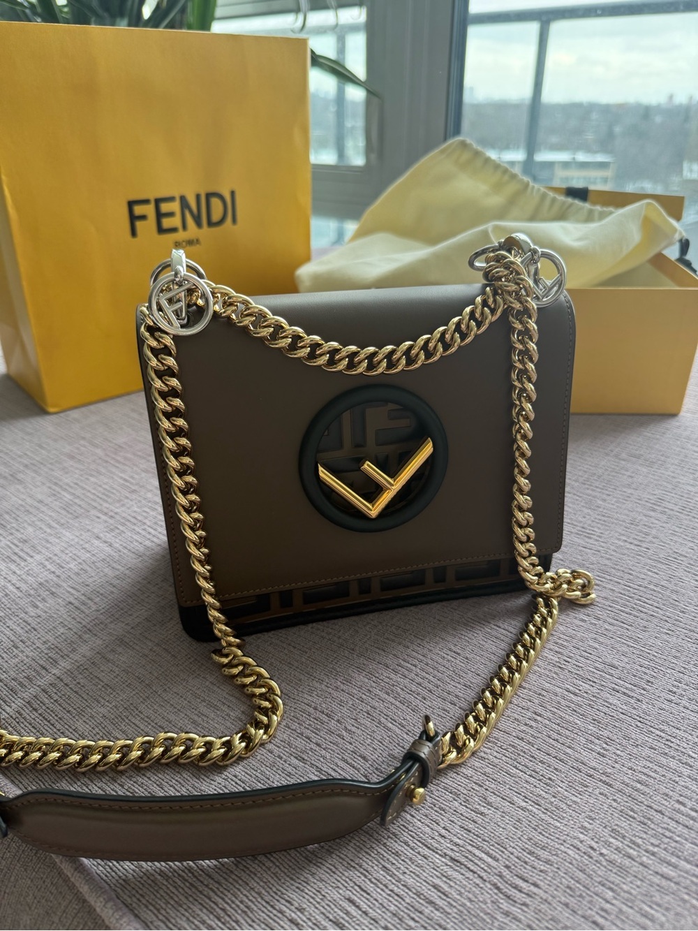Fendi Brown Leather Chain Shoulder Bag with Gold-Tone Hardware